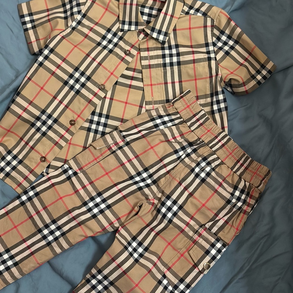 Burberry Kids Tan Plaid Shirt and Pants Set Toddler 4Y shirt 2Y pants. 100% real